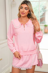 Pink Peter Pan Collar Pullover Lace Embellished Mini Shorts Set