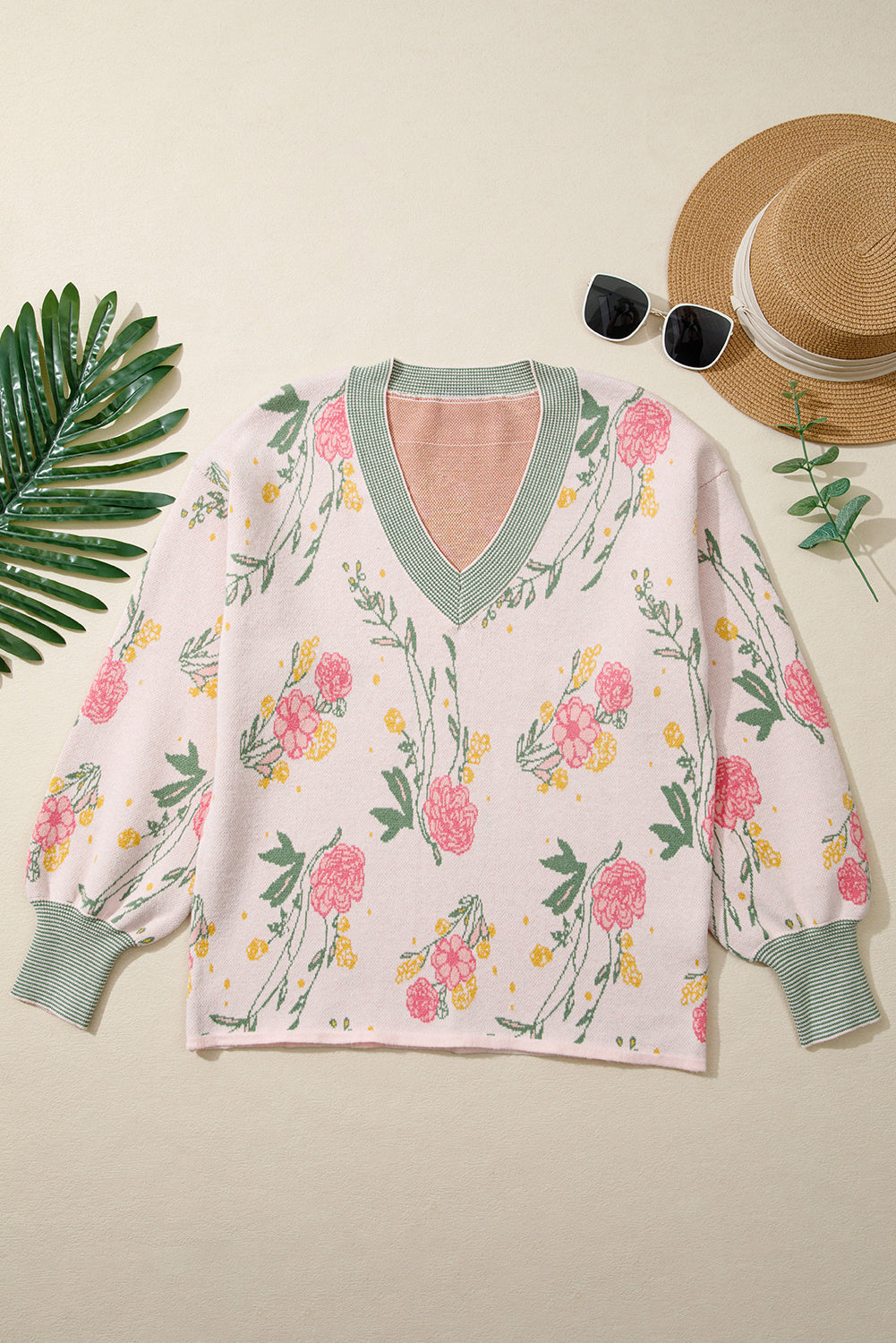 Pink Floral Striped Colorblock V Neck Loose Sweater