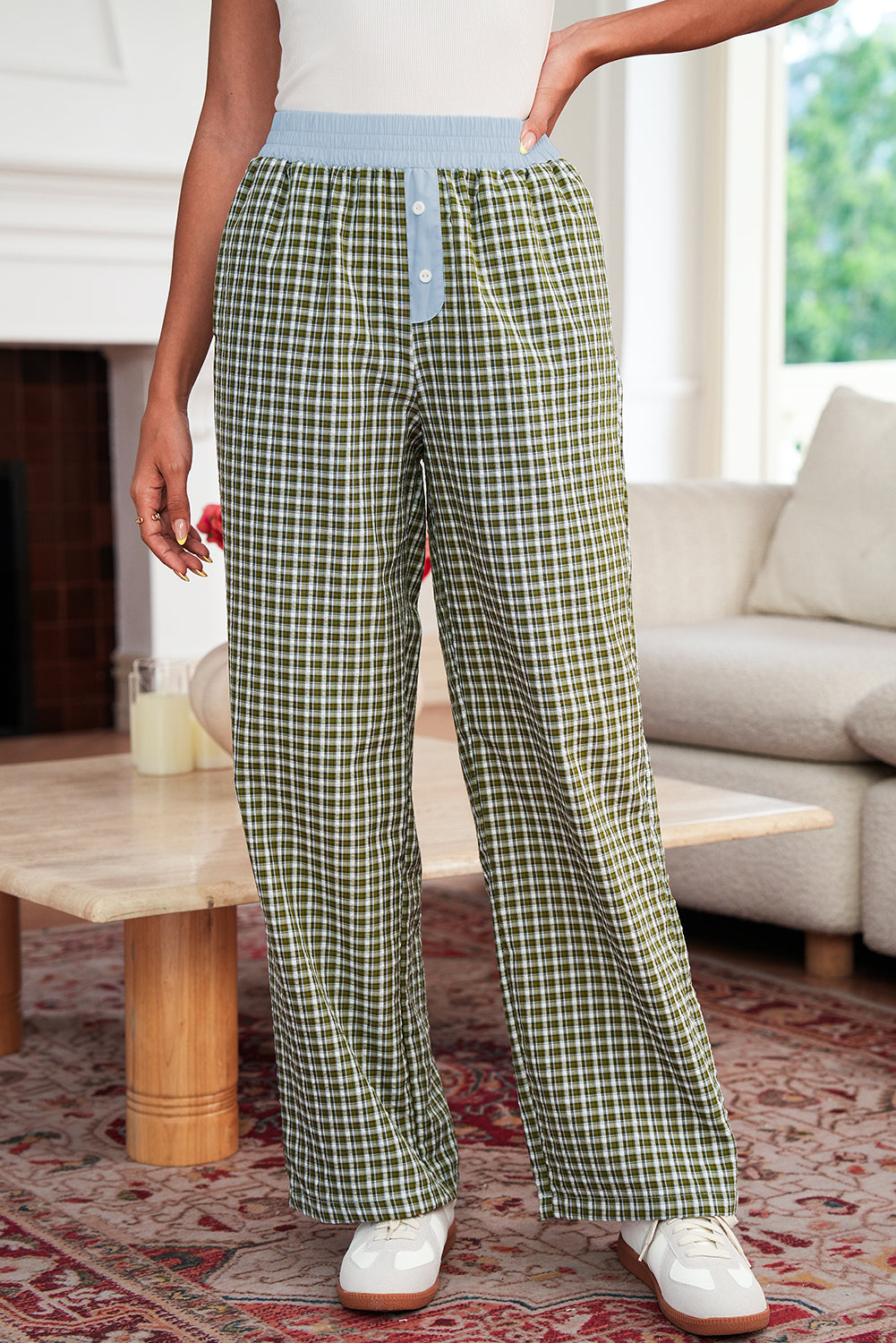 Brown Plaid Button High Waist Patchwork Pants