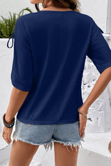 Navy Blue Solid Color Drawstring Shoulder Detail Crew Neck Tee