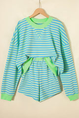 Green Stripe Color Block Detail Long Sleeve Pullover Elastic Waist Pull On Shorts 2pcs Set