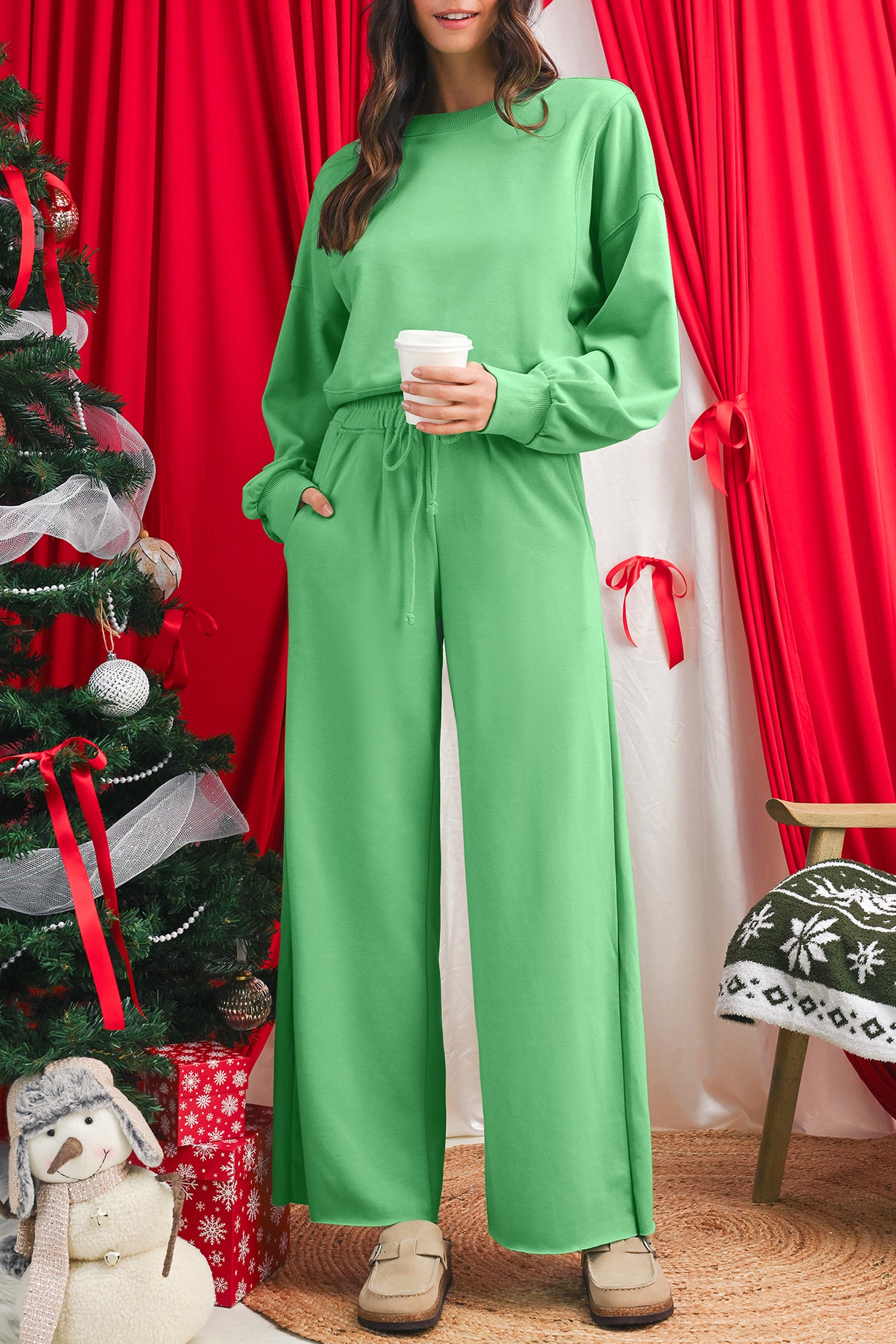 Bright Green Drop Shoulder Crop Pullover Drawstring Wide Leg Pants Set