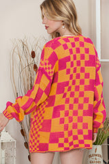 Multicolor Plaid Open Front Knitted Cardigan