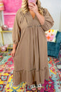 Chestnut Smocked V Neckline Leopard Piping Accent Plus Size Dress