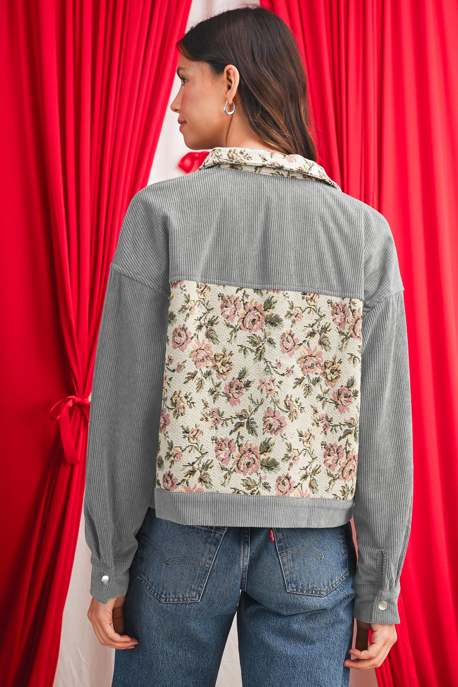 Medium Grey Ribbed Retro Floral Patchwork Jacket