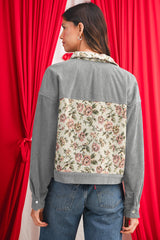 Medium Grey Ribbed Retro Floral Patchwork Jacket