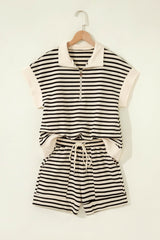 Black Stripe Ribbed Color Block Trim Zip Polo Tee Drawstring Shorts 2pcs Outfit