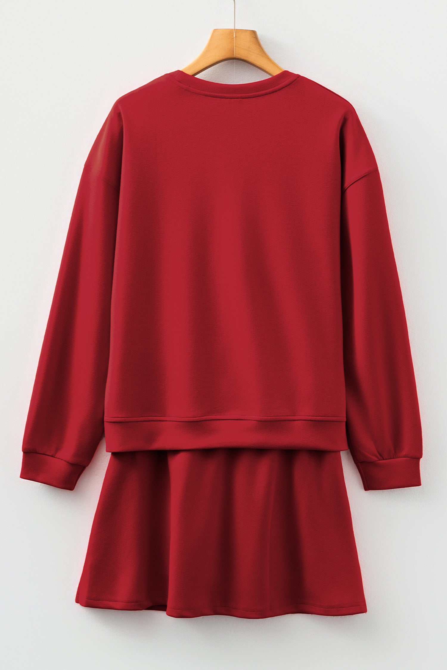 Racing Red Solid Color Drop Shoulder Pullover Drawstring Mini Skirt Set