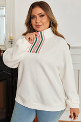 Beige Plus Size Rhombus Texture Contrast Striped Collar Baggy Sweatshirt