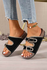Black Embroidered Trim Retro Buckle Faux Suede Slippers