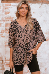 Brown Leopard Print V Neck Half Sleeve Oversized Tee