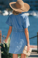 Myosotis Elastic Waist Short Sleeve Denim Mini Dress
