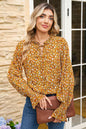 Orange Boho Floral Ruffled Bubble Sleeve V Neck Fall Blouse