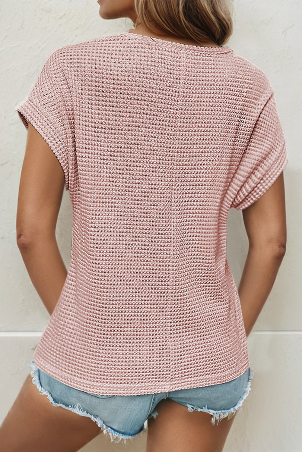 Light Pink Hollow Patchwork Waffle Knit Top