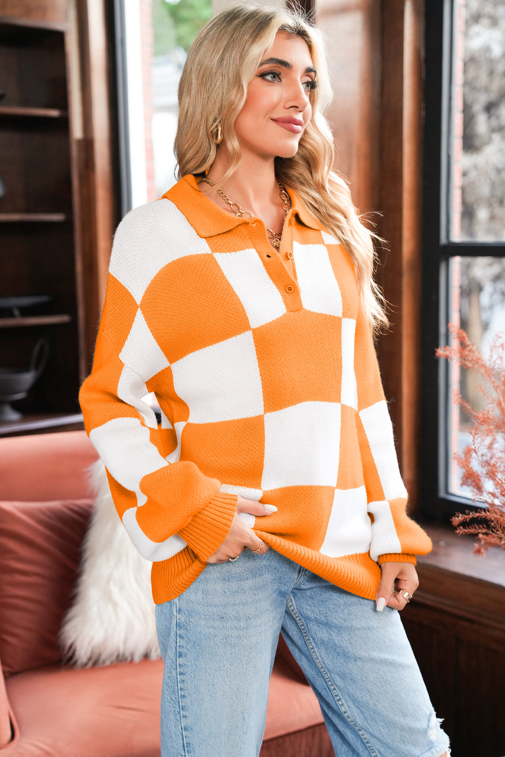 Grapefruit Orange Checkered V-Neck Collared Pullover Sweater