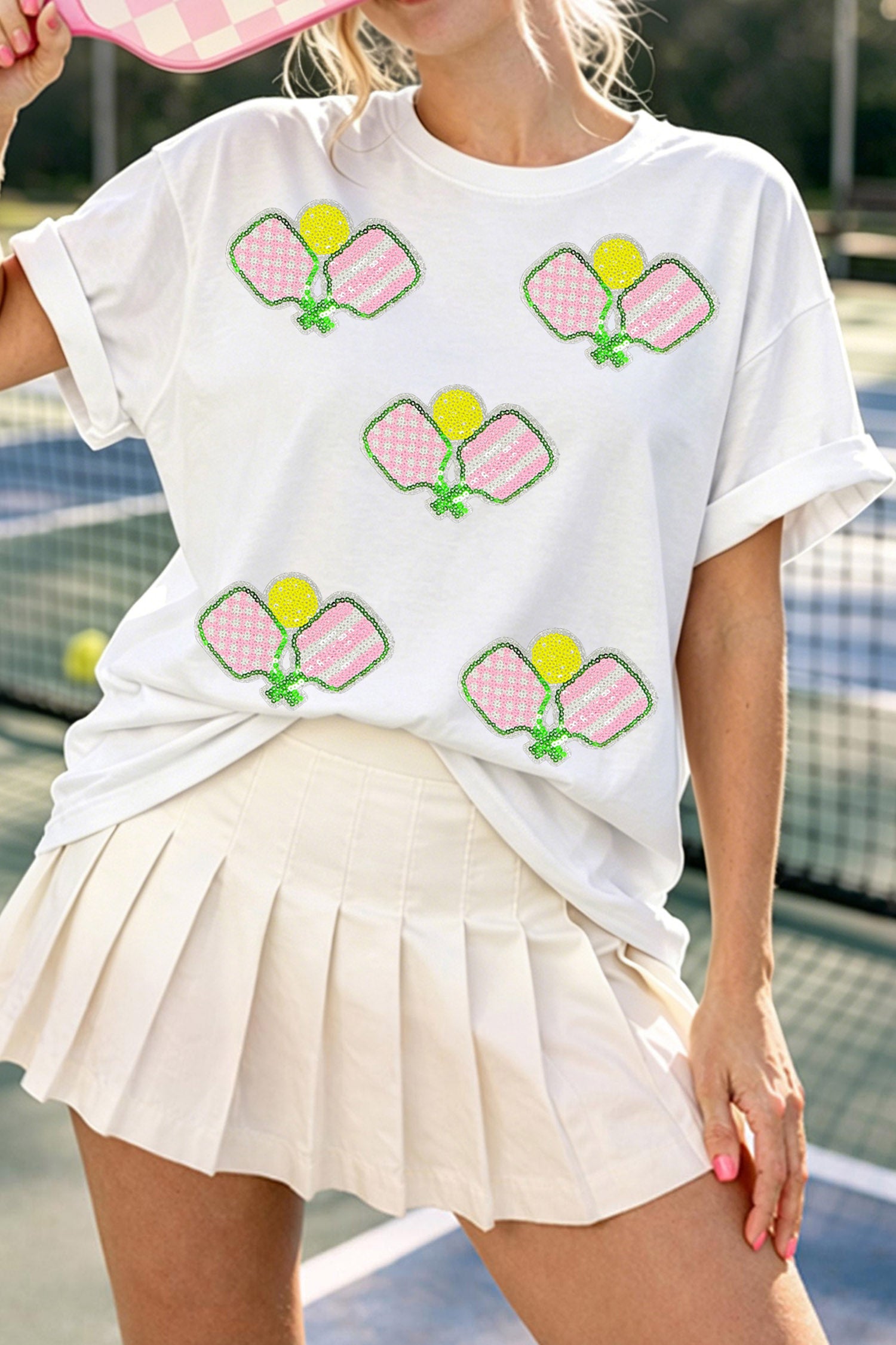 White Sequin Pickleball Graphic Summer Athleisure Tee