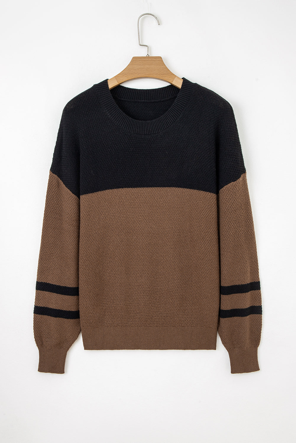 Dark Brown Colorblock Striped Sleeve Detail Knit Sweater