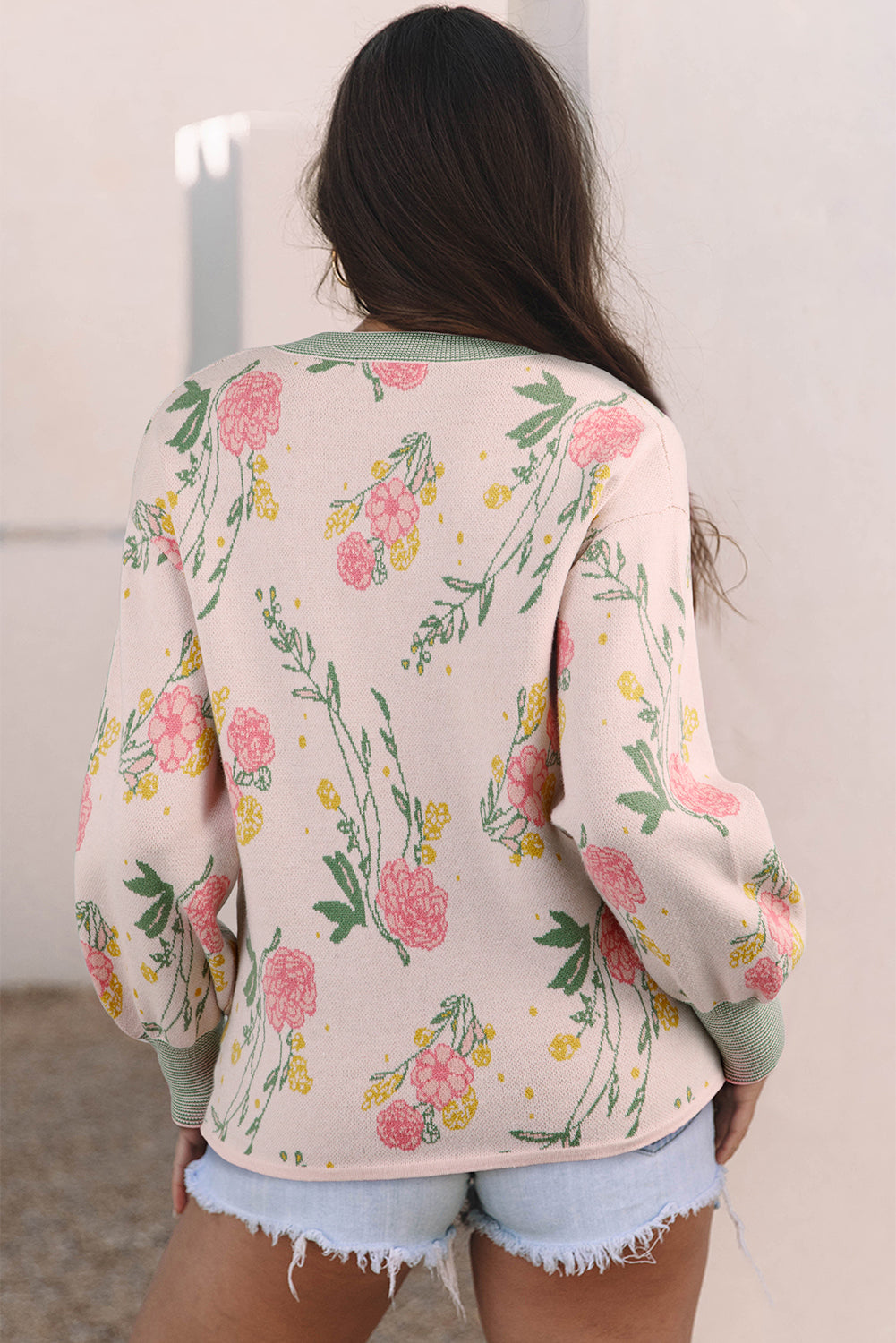 Pink Floral Striped Colorblock V Neck Loose Sweater