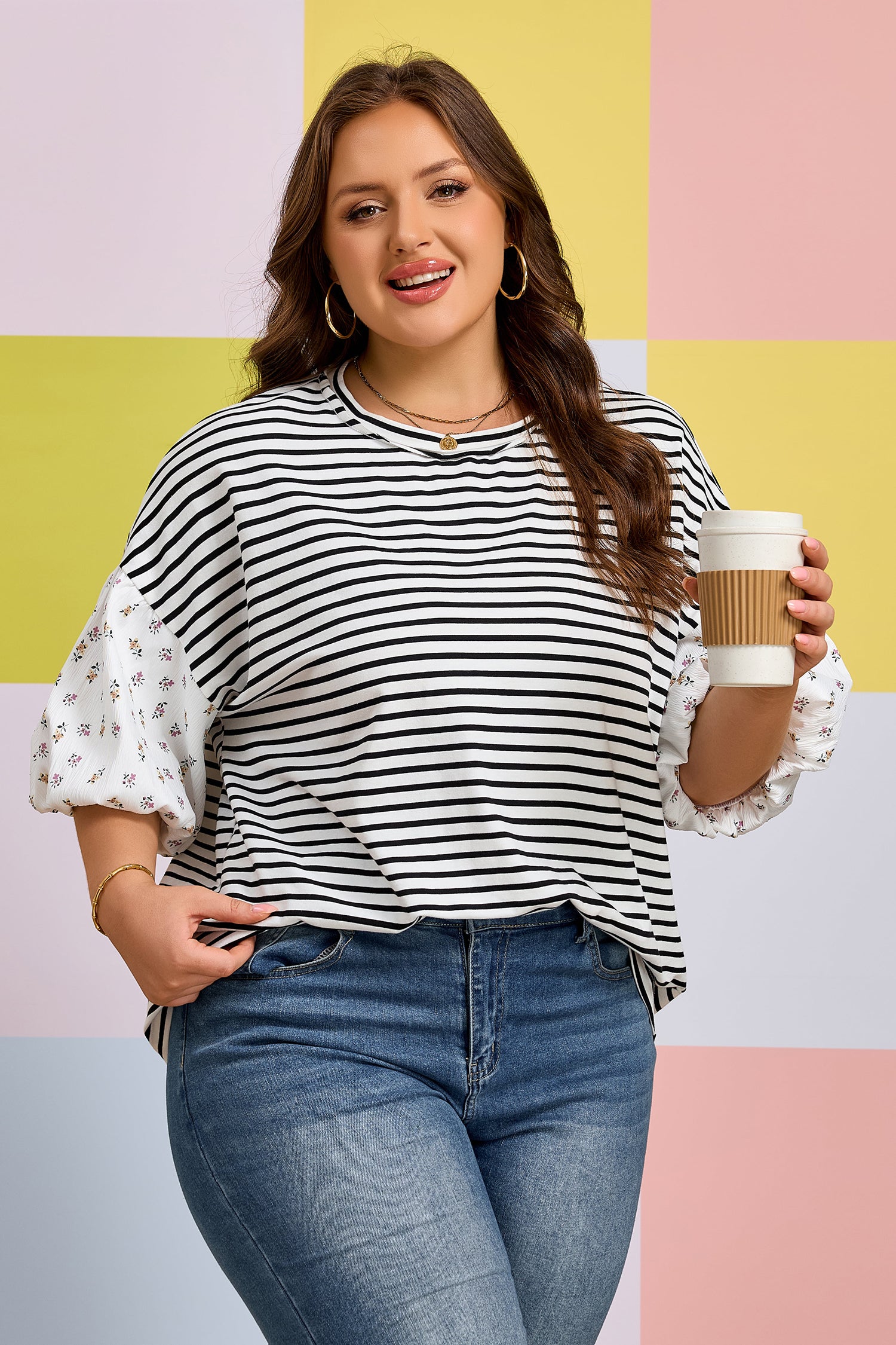 Black Stripe Plus Size Striped Short Sleeve Top with Floral Puff Sleeves
