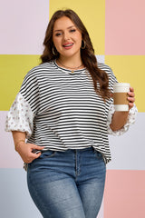 Black Stripe Plus Size Striped Short Sleeve Top with Floral Puff Sleeves