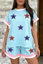 Mist Blue Color Block Trim Sequin Star Casual Two Piece Short Set