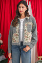 Medium Grey Ribbed Retro Floral Patchwork Jacket