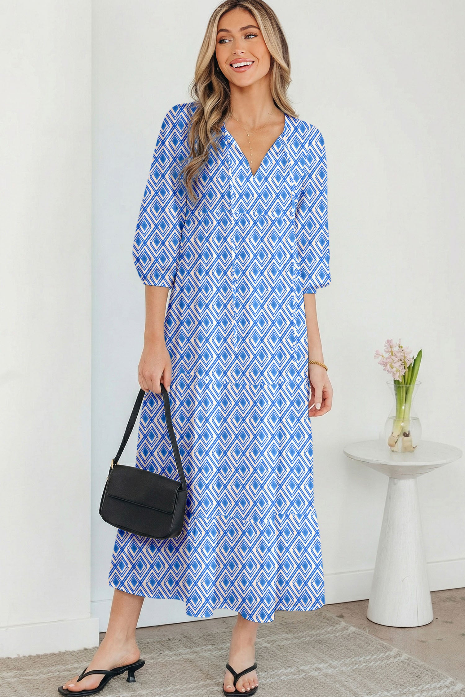 Blue Boho Printed Half Sleeve Maxi Dress