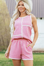 Pink Stripe Textured Contrast Trim Casual Tank and Shorts Set