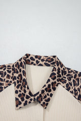 White Ribbed Texture Button Down Leopard Patchwork Short Sleeve Shirt