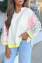 White Floral Colorblock Patchwork Notched Neck Long Sleeve Top