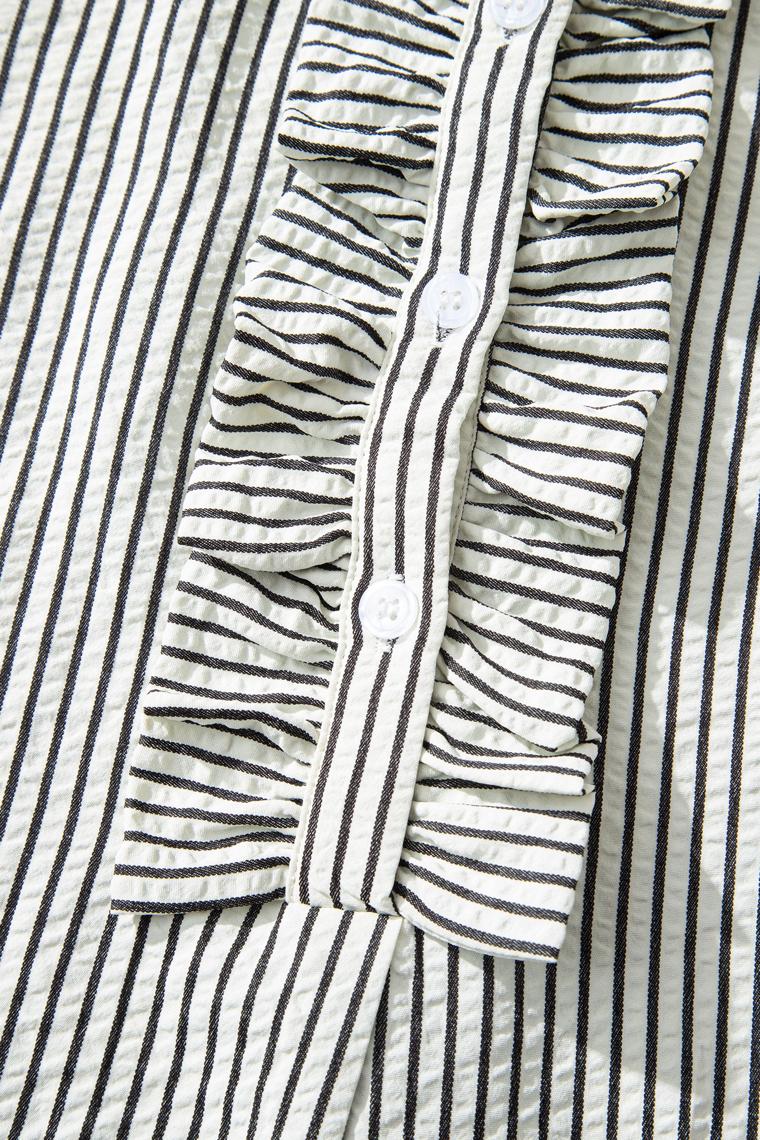 Black Stripe Frilled Detail Half Buttons Short Sleeve Long Dress