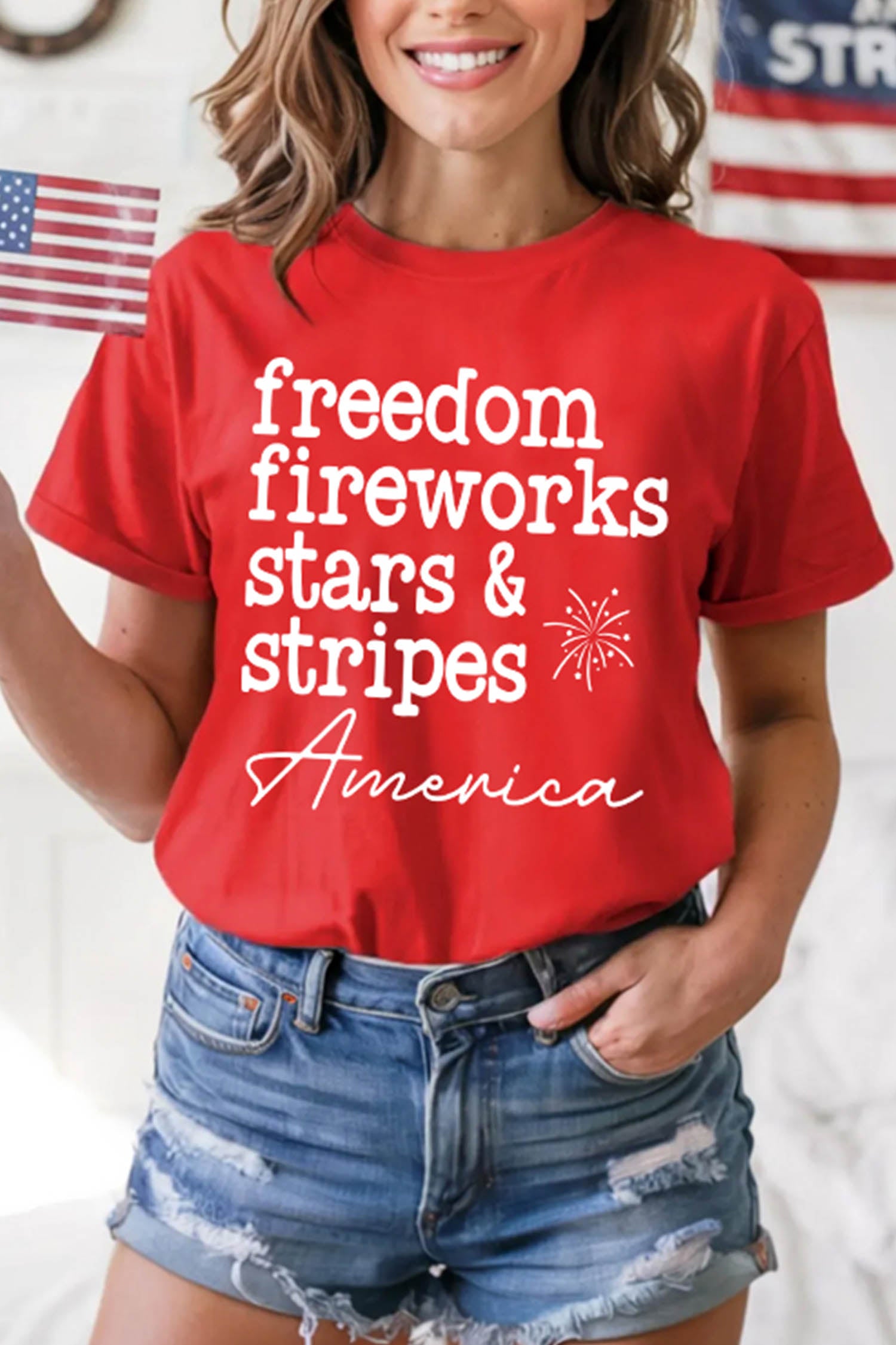 Red Freedom Fireworks American Patriotic Slogan Printed T Shirt