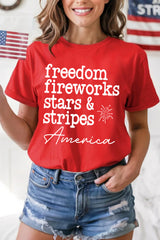 Red Freedom Fireworks American Patriotic Slogan Printed T Shirt