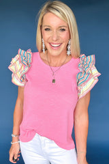 Bonbon Striped Ruffle Flutter Sleeve Ribbed Blouse