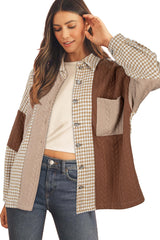 Khaki Houndstooth Textured Patchwork Loose Shacket