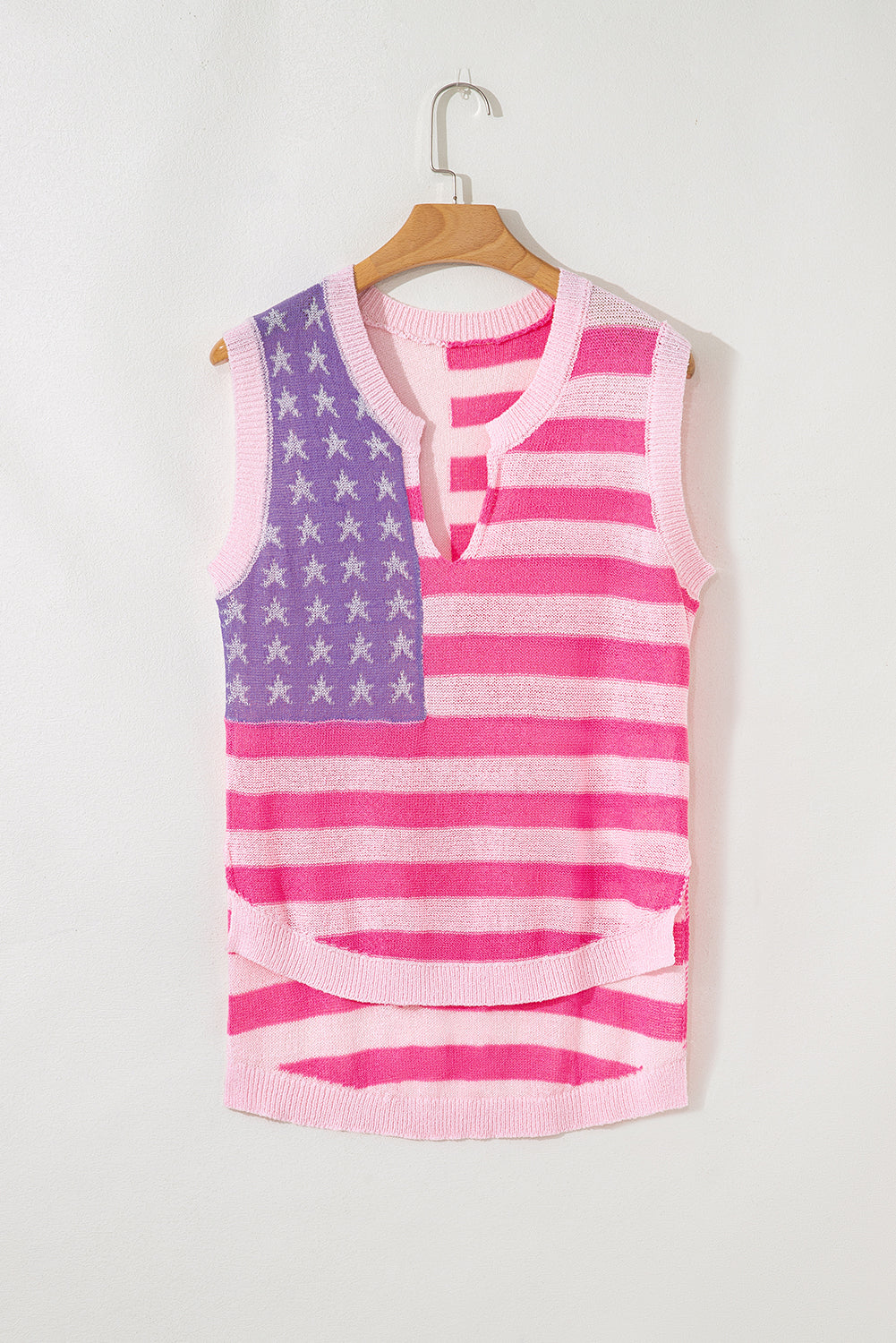 Pink Stripe USA Flag Notched Neckline Loose Knit Vest