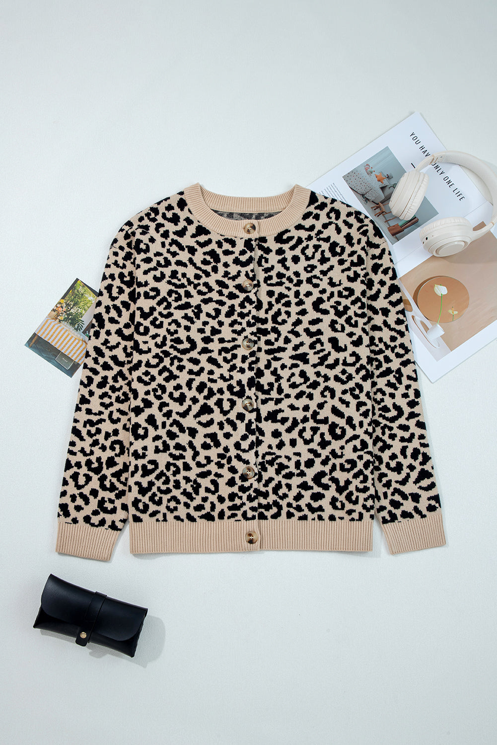Black Leopard Drop Shoulder Knitted Cardigan