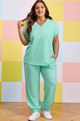 Mint Green Solid V-Neck Tee and Drawstring Plus Size Pants Set
