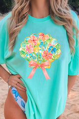 Mint Green Vibrant Floral Glitter Shell Graphic Relaxed T Shirt