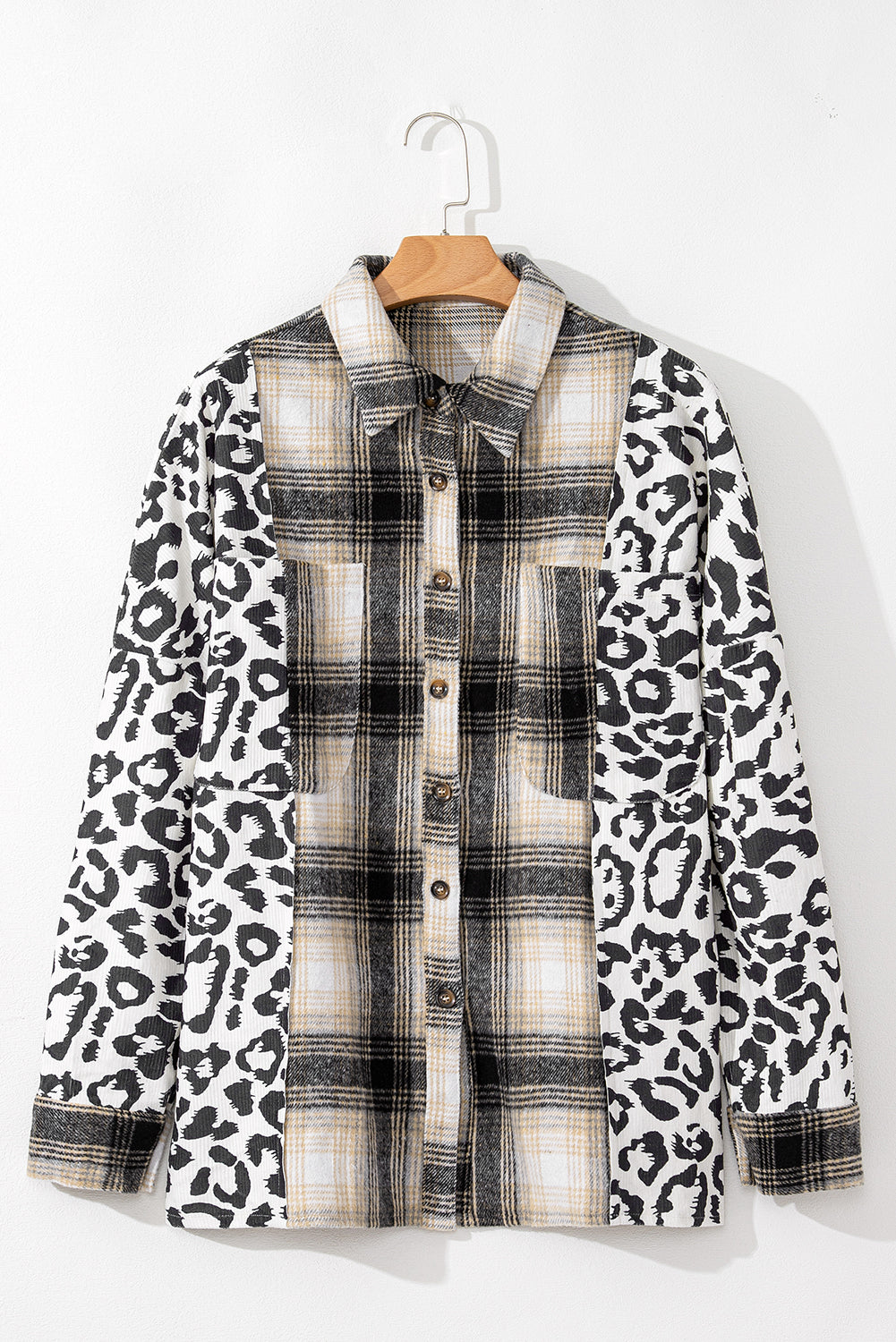 Black Plus Size Plaid Leopard Patchwork Raw Hem Shacket