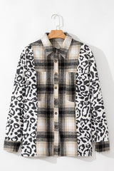 Black Plus Size Plaid Leopard Patchwork Raw Hem Shacket