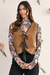 Light French Beige Fleece Tie Front Winter Vest