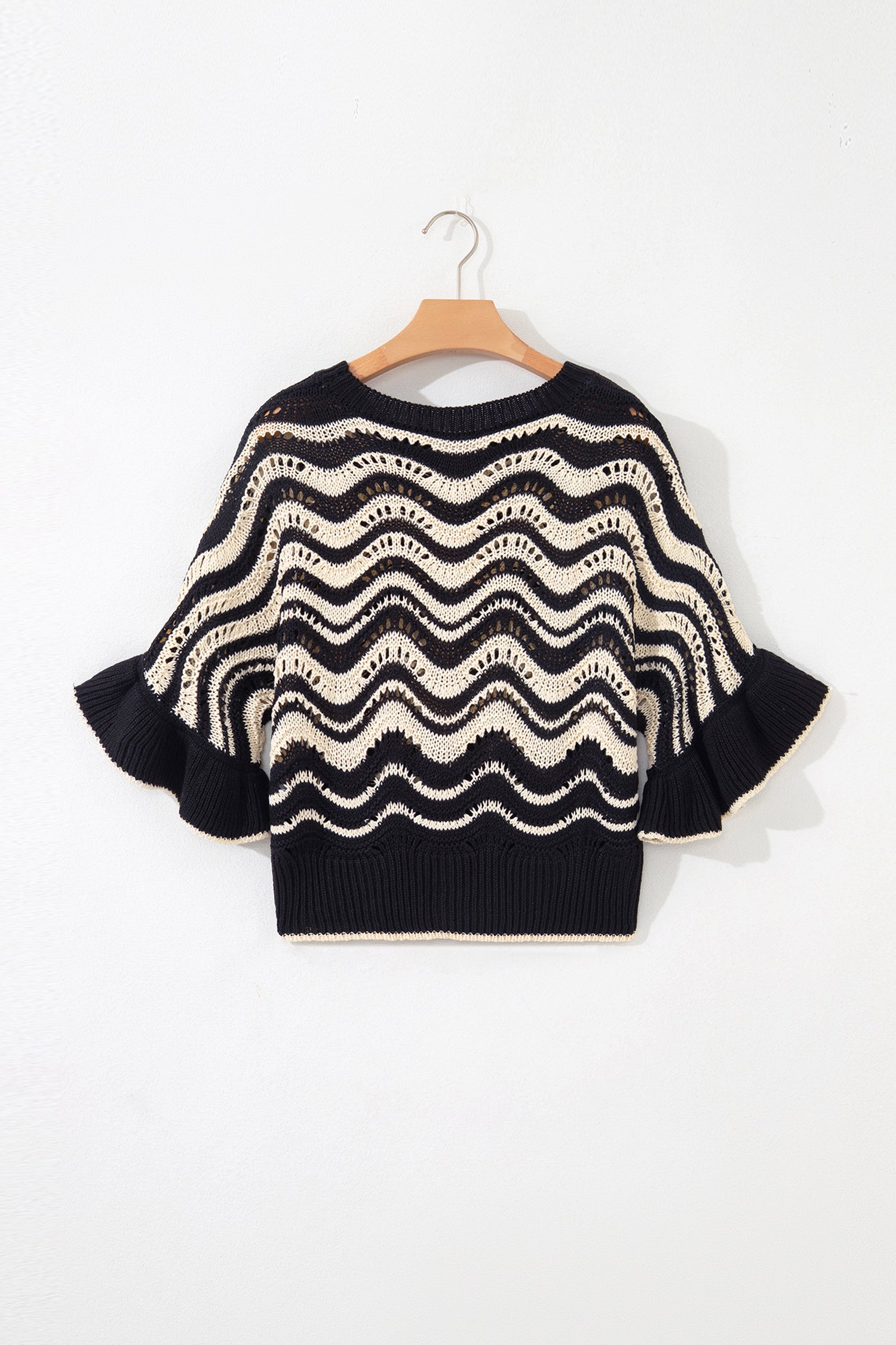 Black Stripe Wavy Crochet Eyelet Detail Ruffle Half Sleeve Sweater