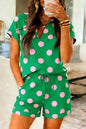 Green Polka Dot Print V Neck Tee Short Set