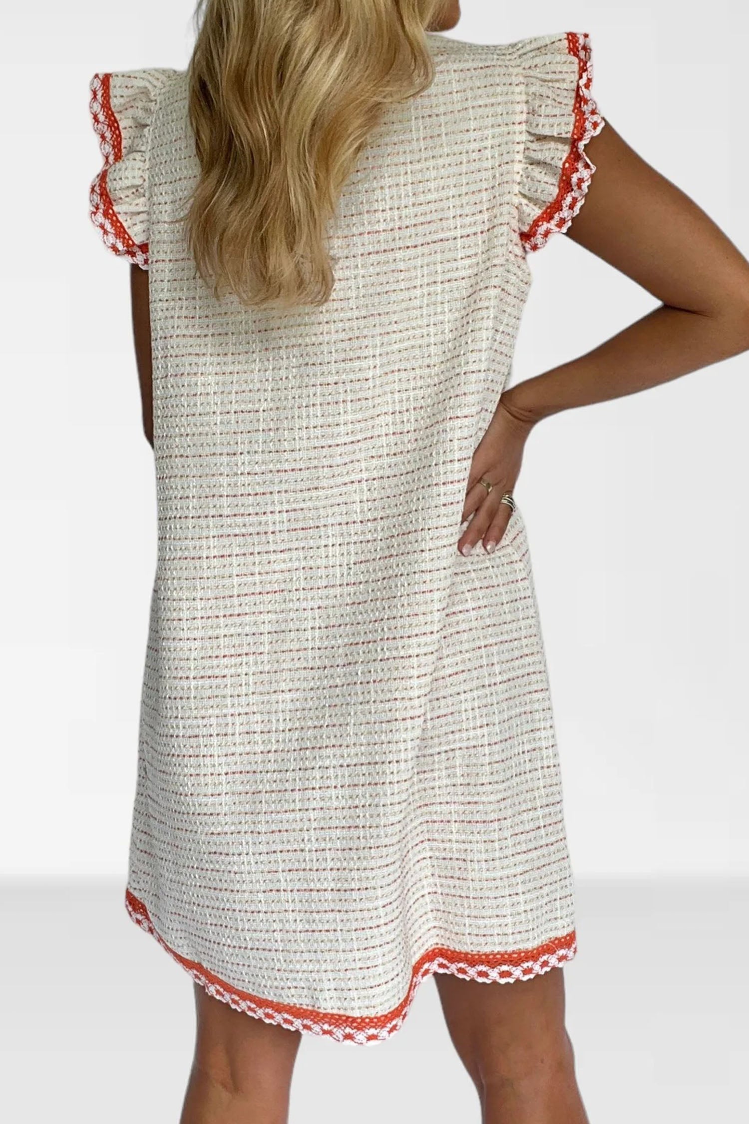 White Jacquard Textured Contrast Trim Short Sleeve Tassel Tie Shift Dress