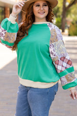 Sky Blue Plaid Floral Patchwork Raglan Sleeve Plus Size Sweatshirt