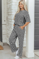 Black Checkered Print Half Sleeve Tee 2pcs Lounge Pant Set