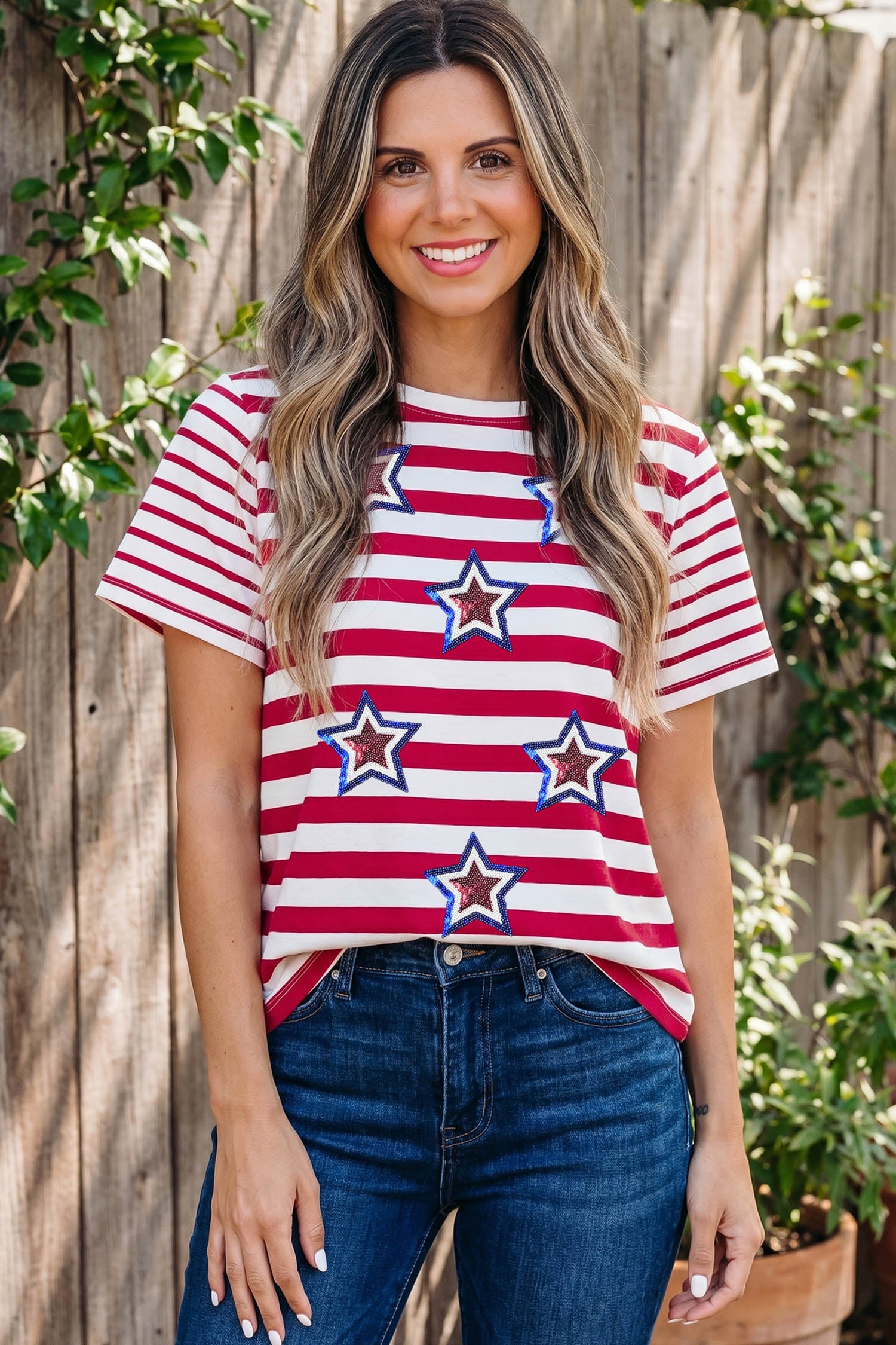 Red Stripe Contrast Sleeves Sequin Stars Patriotic T Shirt