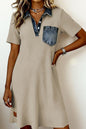 Beige Short Sleeve Ribbed Knit Denim Patchwork Polo Collar Dress