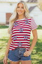 Red Stripe Contrast Sleeves Sequin Stars Patriotic T Shirt